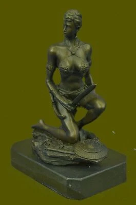 Signed "Amazon" Nude Woman With Sword Bronze Statue Sculpture Art Deco Figure