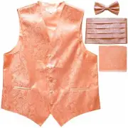 New Men's Paisley Tuxedo Vest Waistcoat & Cummerbund & Bow tie & Hankie Peach
