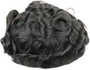 Human hair toupee for men with PU thin skin 30mm wave hair pieces replacement system for mens hair prosthesis units(Natural Black,7"X9")