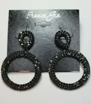 Franco Gia Silver Plated Earrings Jet Black Rhinestones Teardrop W Circles #54
