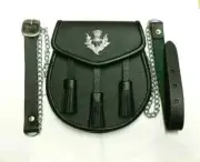 TASSELS&THISTLE SCOTTISH KILT SPORRAN REAL BLACK LEATHER