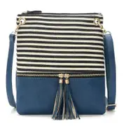 Stripe Crossbody Purse, Canvas + Faux Leather Crossover Shoulder Bag- Black with Blue