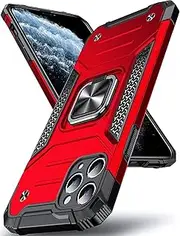 Pritify Armour Case for Iphone 11 Pro with Kickstand & Raised Camera Military Grade Protective Phone Back Case Cover Enhanced Metal Ring supports Magnetic Car Mount Holder | Red
