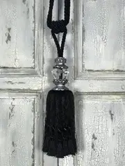 Pair 2 pieces Curtain Tie Backs - 27cm Tassel with faceted glass top and silver capping - Black