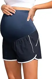 [Maacie] Women Maternity Sports Shorts Quick Drying Breathable High Waist Athletic Shorts with Pockets, Navy Blue, XL