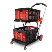 Heavy Duty Shopping Trolley 2-Tier Foldable Utility Cart with Removable Crates Lockable Wheels Foot Brake Swivel Casters Multi-Purpose Rolling Cart for Shopping Office Hospital and Warehouse
