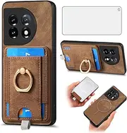 [Asuwish] Phone Case for OnePlus 11 5G Wallet Cell Cover with Screen Protector Tempered Glass and Slim Ring Stand Credit Card Holder Slot One Plus11 1 Plus 1plus11 One+ 1+ Women Girl Men Boy Brown