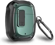 [KQXG] Case for Google Pixel Buds A - Dual Layer Protection with Exterior Hard PC & Interior Soft Silicone, Shockproof, Secure Lock, Metal Hook, LED Visibility -Black Green