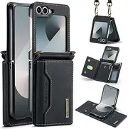 for Samsung Galaxy Z Flip 6 Wallet Case,Fold Leather Wallet Case with 5 Card Slots and 3 Cash Slots,Kickstand Shockproof Phone Cover with Lanyard for Woman (Black)