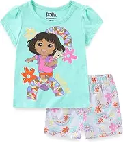 [Nickelodeon] Dora the Explorer Girls Short Sleeve T-Shirt and Shorts Set for Toddlers, Green/Grey, 4 Years
