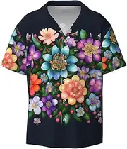 [HVTTIOR] Flower Diamond Paintings Print Short Sleeve Shirt Cuban Collar Beach Casual Style Summer Vacation Relaxed Fit