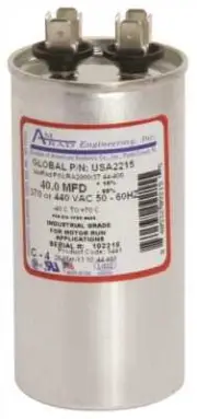 ROUND USA-MADE MOTOR RUN CAPACITOR, 40 MFD, 370/440 VAC Silver