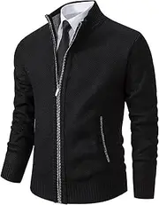 [Generic] Knitwear Sweater for Men's Coat Full Zip Up Stand Collar Slim Fit Casual Knitted Sweater with 2 Front Pockets