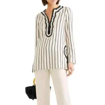 NWT $348 Tory Burch Size 2 Black Ivory Filipa Rayon Slub Stripe Tunic Top