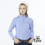 【LYNX GOLF】女款合身版造型袖口內刷毛網眼材質條紋款式長袖立領繡花POLO衫/高爾夫球衫(藍色)