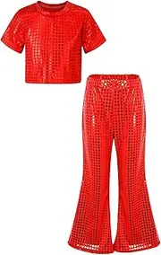 [FEESHOW] Kids Girls Jazz Hip Hop Dance Outfits Short Sleeve Shiny Crop Top and Bell-Bottom Trousers Set