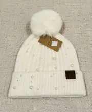 C.C Pearl Accent Pom Beanie for Adults Winter Hat Premium Hats Warm Hats Cream