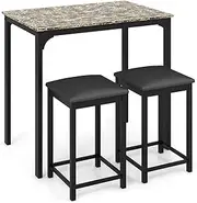 Giantex 3PCs Dining Table & Chairs Set, Modern Kitchen Table w/Faux Marble Tabletop & 2 Bar Stools, Dining Table Set Counter Height Breakfast Table for Home Hotel Dining Room Kitchen (Rustic Brown)