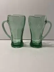 2 Coca Cola Green Glass Mug With Handle Classic Coke Heavy 14 Ounce