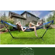 Double Hammock Swing With Steel Stand Adjustable Height Carry Bag Green Blue