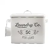 AuldHome Farmhouse Laundry Powder Container, White Enamelware Detergent Bin with Scoop