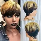1B/33/27 Short Straight Wig with Bangs Brazilian Pixie Cut Human Hair Wig 3 Tone