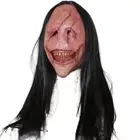 Scary Long Hair Red Face Devil Mask Exposed Teeth Horror Face Masks Cosplay
