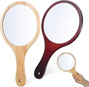HONITANO 2 Large Wooden Handle Handheld Mirrors Portable Makeup Mirror Sleek Design for Travel Beauty