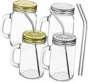 Amosfun 4 Pcs Glass Drinking Mugs with Lid and Straw Beverage Cups for Water Juice Milk for Home and Office Decor