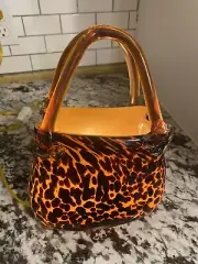 Glass Purse Hand Blown Studio Art Glass Amber Leopard 9” Table lamp