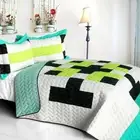 3 PC Tetris C Vermicelli Queen Quilt Shams geometric green blue