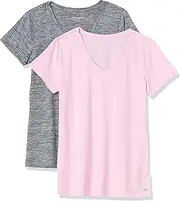 [Amazon Essentials] Women's Tech Stretch Short-Sleeve V-Neck T-Shirt (Available in Plus Size), Black Spacedye/Light Pink, Small