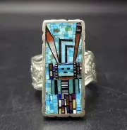 RARE Carl and Irene Clark NAVAJO Micro-Fine Stone Inlay YEI RING size 7.25