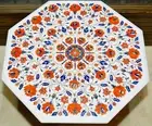 Multicolor Stone Inlay Work Corner Table for Home White Marble Coffee Table Top