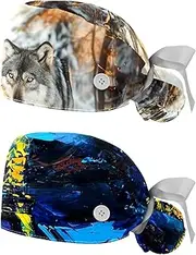 [YTYVAGT] 2-Pc,Nurse Scrub Caps,Scrub Hats with Buttons and Cotton Sweatband,Two Wolves in Winter Forest