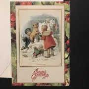 NEW Christmas Greeting Card Children Playing Snow Balls Puppies Berries Gold