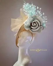Soft Gray Blue Rose Tan Beige Camel Nude Kentucky Derby Hat Del Mar Fascinator