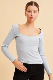 Blue Cotton Top Long Sleeve Scoop Neck - Size XL, Women's Long Sleeve