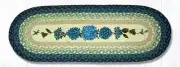 Braided Jute Hand Stenciled Oval Table Runner. Earth Rugs. BLUE HYDRANGEA