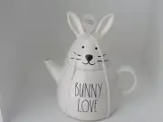Rae Dunn BUNNY TEAPOT, "Bunny Love" with Bunny top, white ceramic, NEW HTF