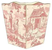 MARYE-KELLEY, 12" CLASSIC PINK TOILE 'FRENCH FARM' WOODEN WASTEPAPER BASKET, NEW