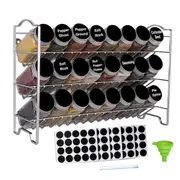 Seasoning Spice Bottle Rack Shelf Storage Stand Kitchen Cabinet Organizer Holder Silver Rack and 24 Glass Jars Set