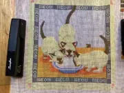 Unbranded painted needlepoint kit "Meow" 11 "1 X" 11", +Yarn