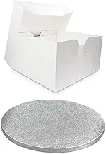 Single White Cake Box and Silver Round Board Pack - Thick Drum for Wedding, Party etc (6 Inches)
