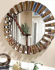 Artloge 32 inch Round Wall Mirror: Large Decorative Silver Glass Vanity with Beveled Crystal Bling Sunburst Frame Edge, Home Modern Art Deco for Livingroom Bathroom Diningroom Bedroom