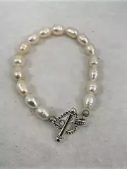 Handmade ~ Silver ~ Lustrous Baroque Pearl 9" Toggle Bracelet #81