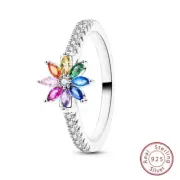 Rainbow Crystal Flower Ring 925 Sterling Silver Ring
