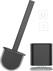 ausleben Silicone Toilet Brush, Flexible Toilet Brush Flat Head with Holders and Base for Anti-Drip,Wall-Mounted Toilet Bowl Brush no Damage and Deep Cleaning Flexible for Toilet and Tub-Black