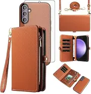 [Asuwish] Phone Case for Samsung Galaxy S23 FE 5G Zipper Wallet Detachable Cell Cover with Tempered Glass Screen Protector Crossbody Lanyard Strap Flip Card Holder S 23 EF S23FE 23S Women Girls Brown