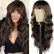 Long Wavy Wig with Bangs 26 Inch Synthetic Natural Wavy Wigs for Women Heat Resistant Synthetic Wigs for Daily Party Use (Brown Mixed Blonde)